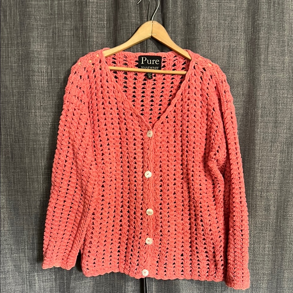 Pure hand knit coral pink cardigan with mother of pearl buttons size L/XL